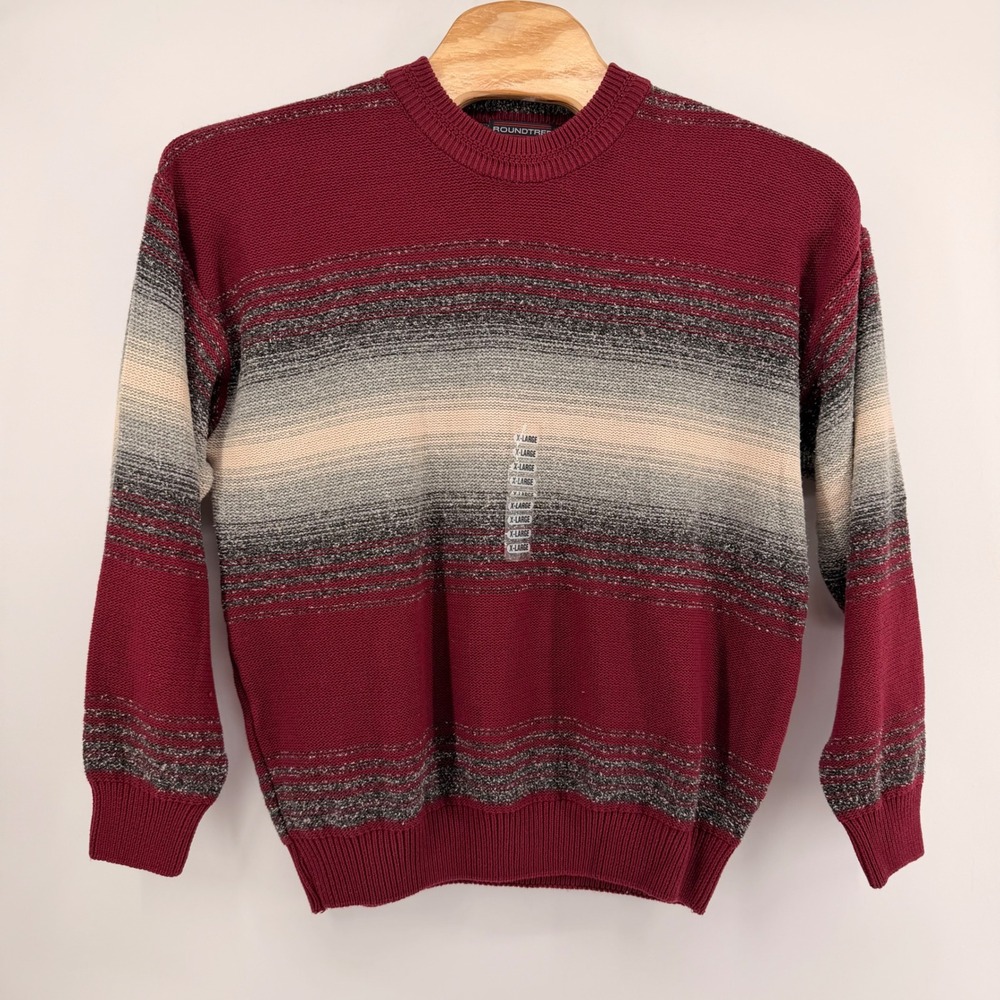 Roundtree & Yorke Sweater Mens XL Wine Striped Pullover Crew Neck 625S804 Cotton